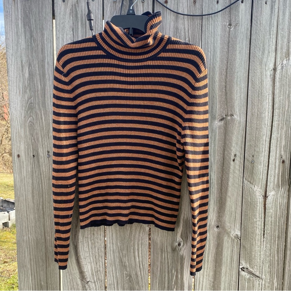 Mountain Lake Womens L Ribbed Turtleneck Sweater Black Bronze Metallic Striped